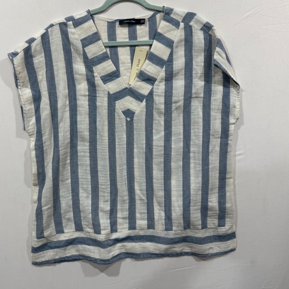 Doe & Rae Womens‎ 1XL Blue White Striped V-Neck Cotton Blouse Cap Sleeve Top NEW